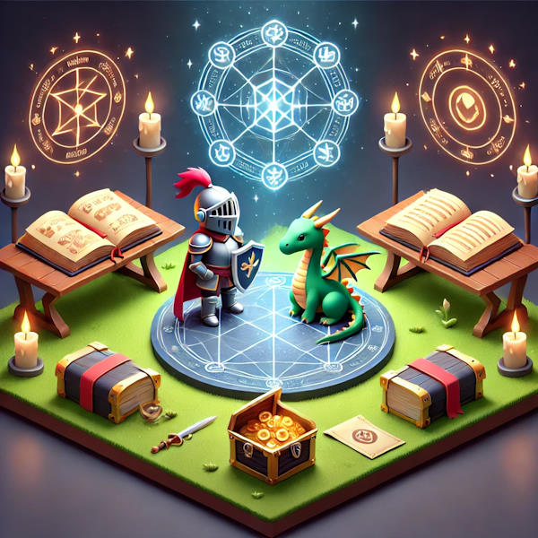 stylized image of a game world with knight, dragon and magic